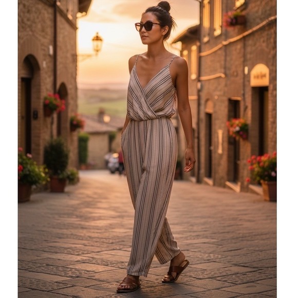 Leith Pants - LEITH WOMENS beige Jumpsuit relaxed one small spaghetti strapped boho miltered